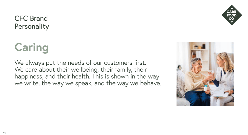 Care Food Co brand personality slide: 'Caring. We always put the needs of our customers first.'