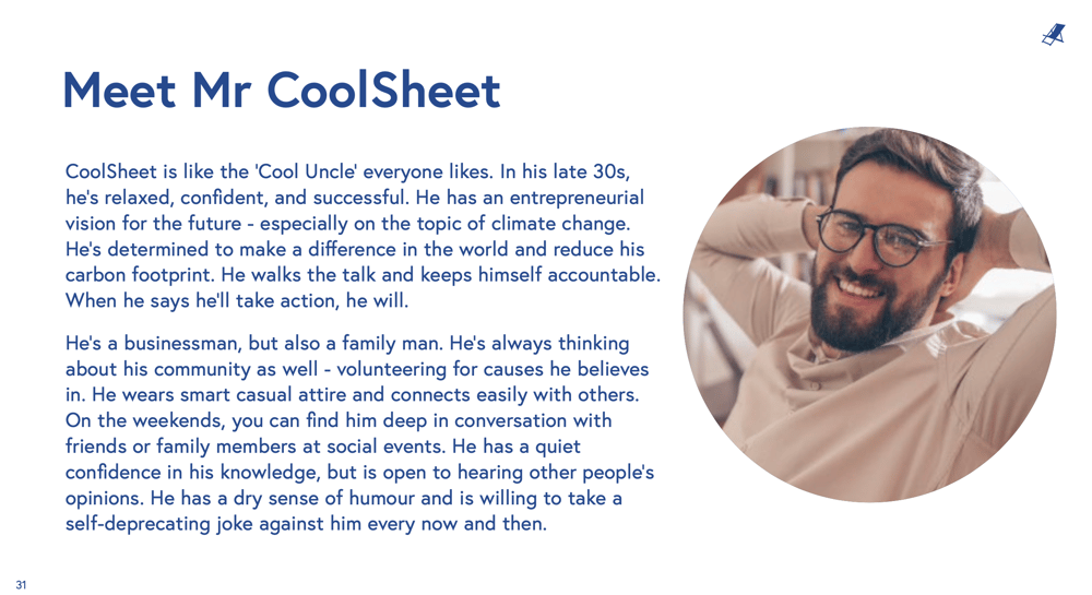 CoolSheet brand personality slide, 'Meet Mr CoolSheet', describing a relaxed, confident 'cool uncle' in his late 30s