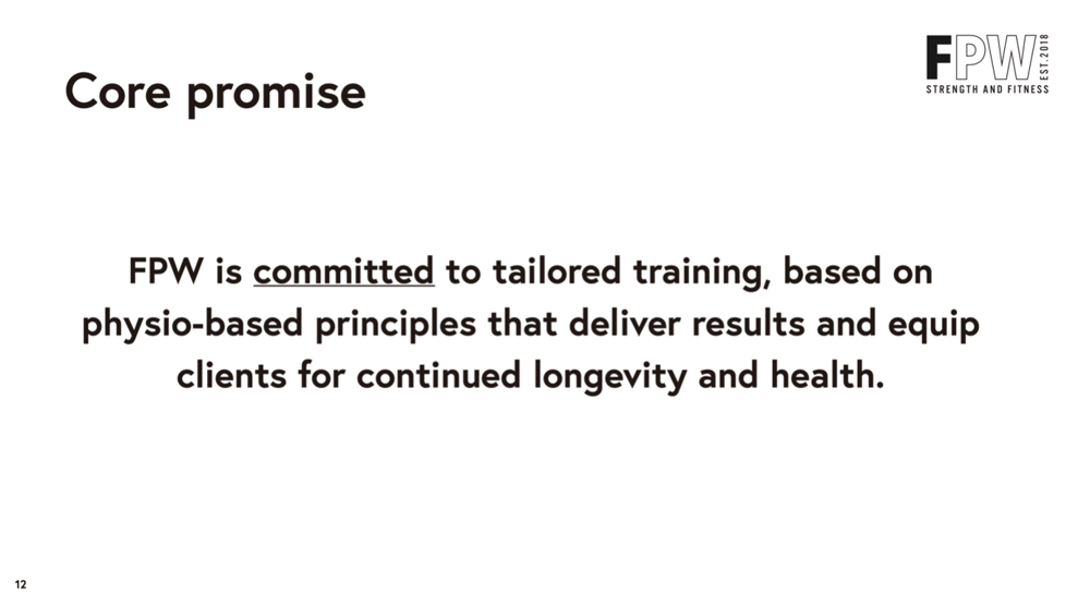 Fit Plus Well brand promise slide: 'FPW is committed to tailored training, based on physio-based principles that deliver results and equip clients for continued longevity and health.'