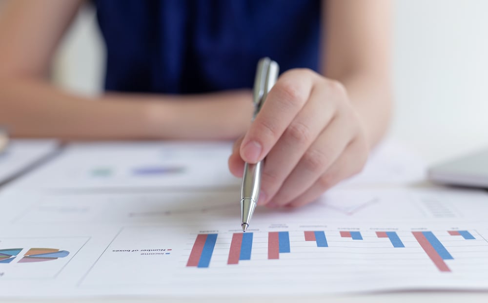 Woman checking the figures in a report with a pen