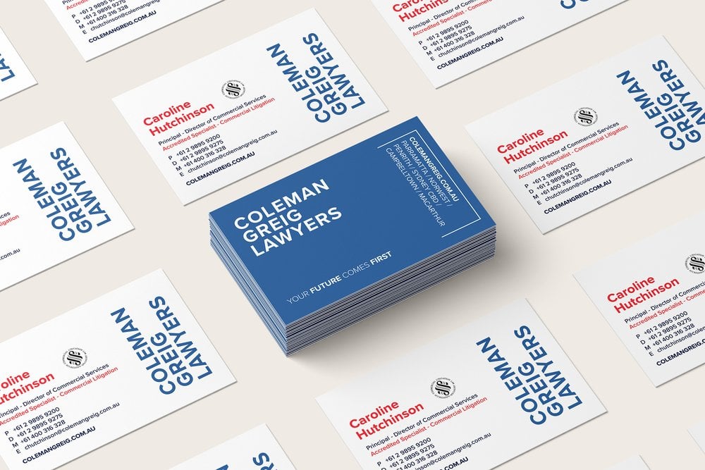 Coleman Greig Lawyers business cards, blue logo side and white details side