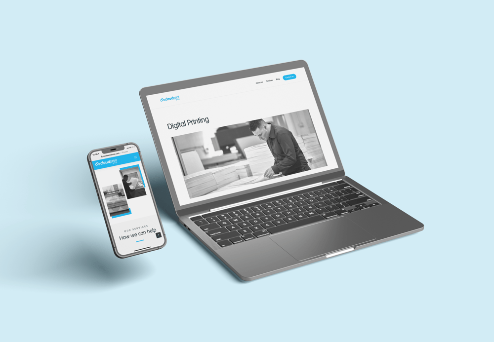 Website design on a laptop and phone, showing a Digital Printing page