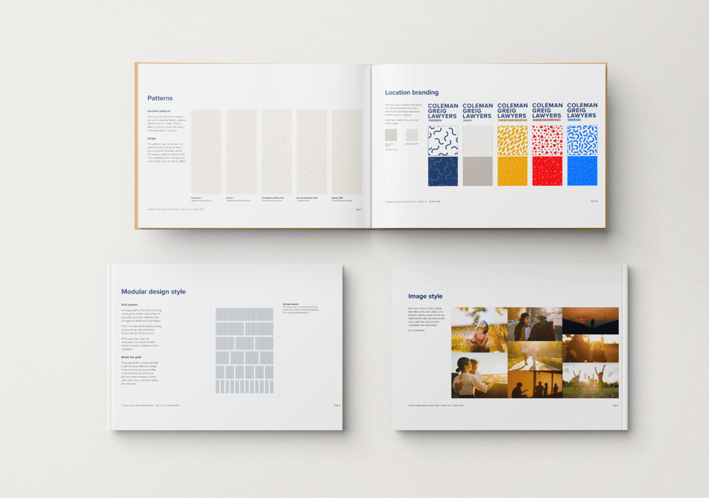 Coleman Greig Lawyers brand guidelines pages: patterns, location branding, modular design style and image style