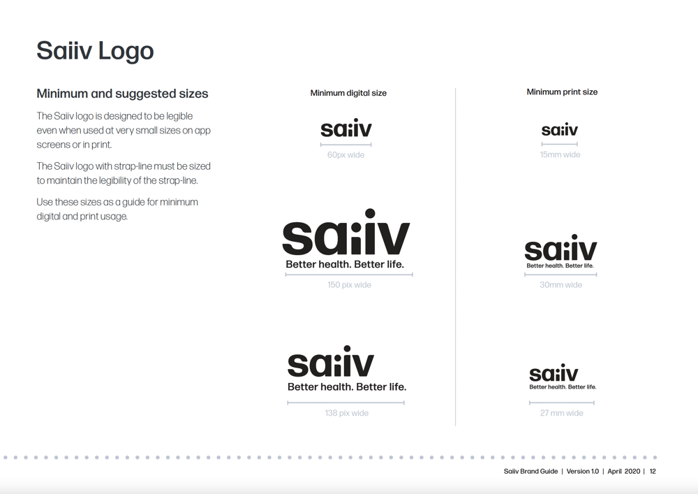 Saiiv brand guide page showing the logo's minimum digital and print sizes